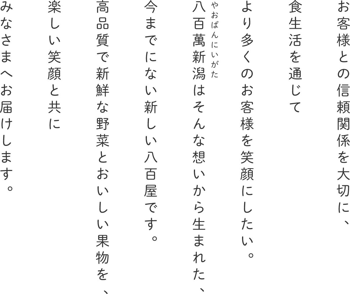 お客様との信頼関係を大切に、食生活を通じてより多くのお客様に笑顔にしたい。八百萬新潟(やおばんにいがた)はそんな想いから生まれた、今までにない新しい八百屋です。高品質で新鮮な野菜とおいしい果物を、楽しい笑顔と共にみなさまへお届けします。